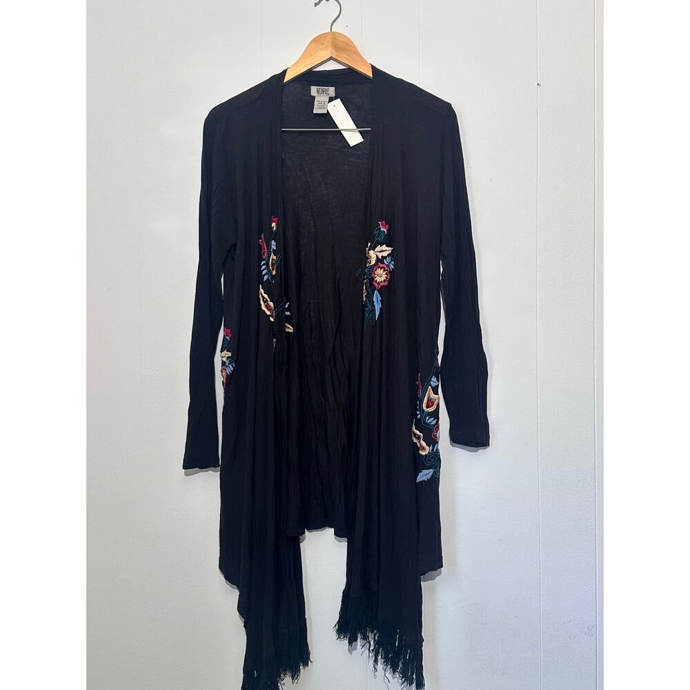 Monroe & Main Black Lightweight cardigan with Floral & Fringe detail medium